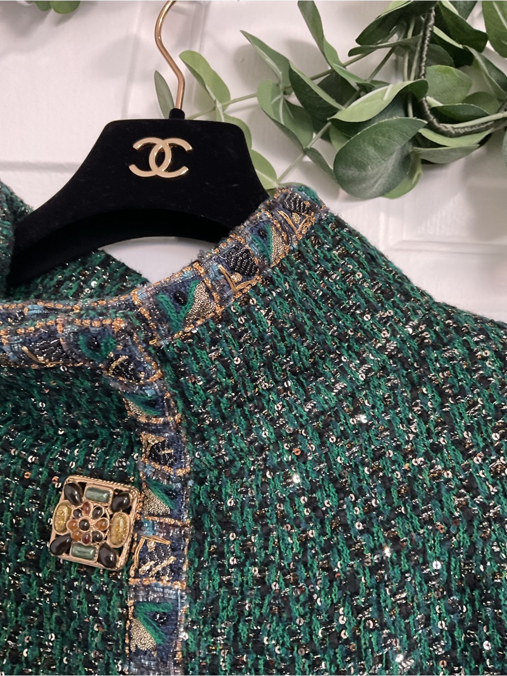 CHANEL VINTAGE PARIS BYZANCE GREEN GOLD JACKET GRIPOIX BUTTONS. FR 48 - Picture 14 of 16